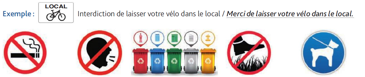 Panneaux du règlement avec exemple et 5 panneaux a-e
